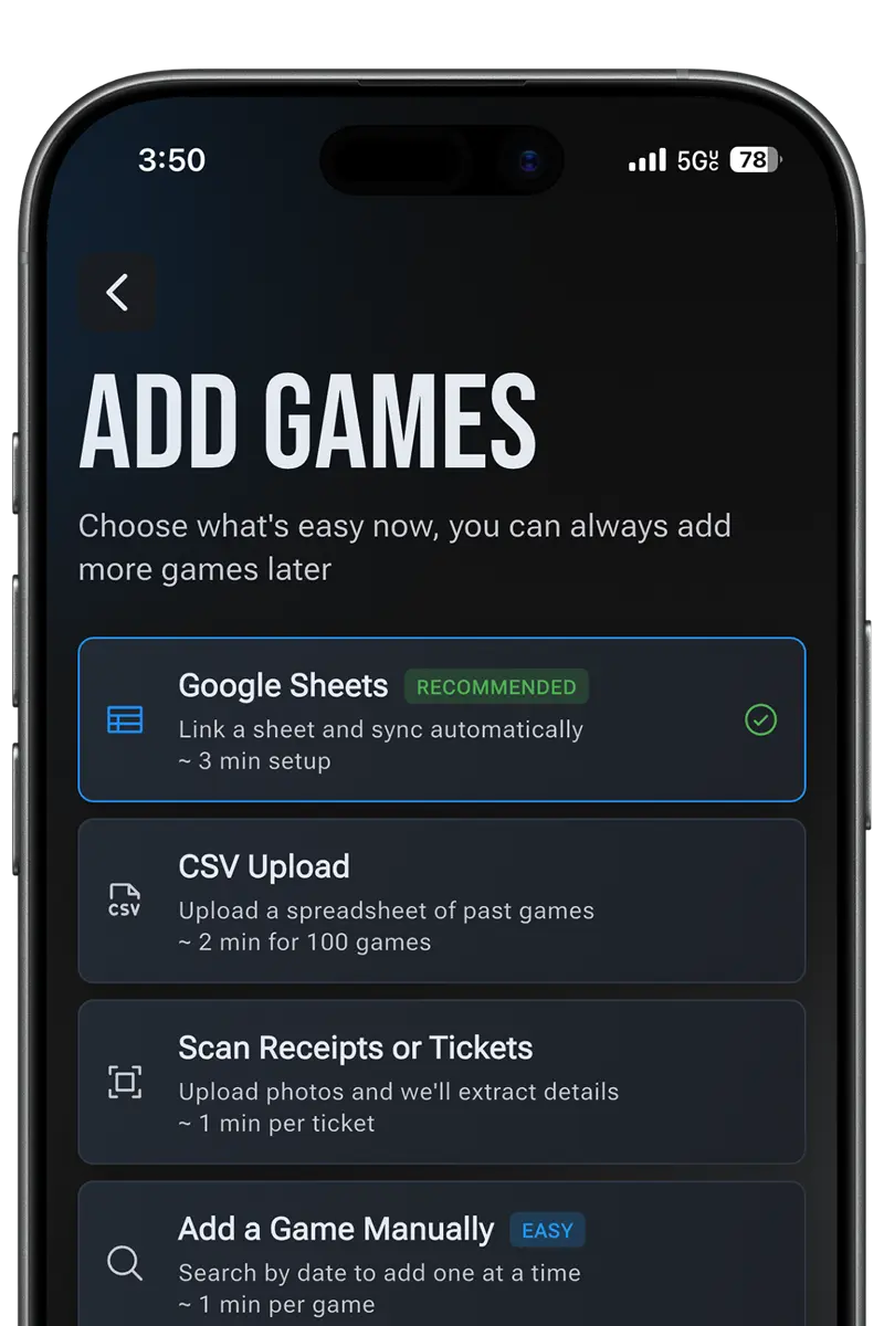 Add games screen with Google Sheets, CSV, scan, and manual options